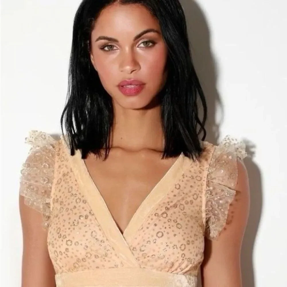 Lulus Stunning Love Nude and Gold Glitter Tiered Midi Dress Size Small